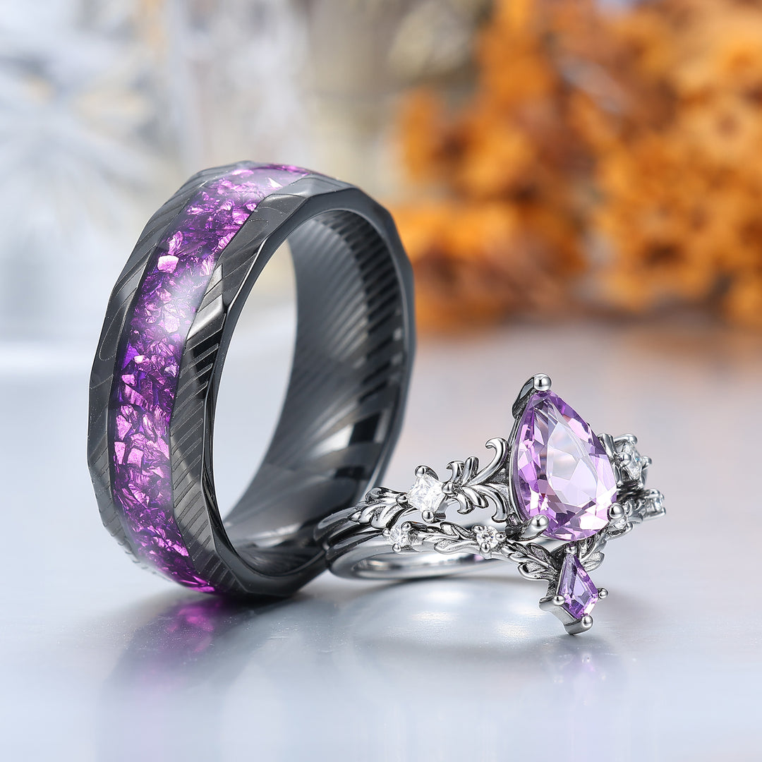 Filigreed Purple Amethyst His And Hers Ring Set Nature Inspired Amethyst Couple Rings