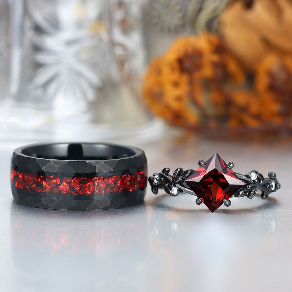 Exquisite Princess Leaf Red Garnet Engagement Couple Rings And Tungsten Black Plated His And Hers Matching Bands