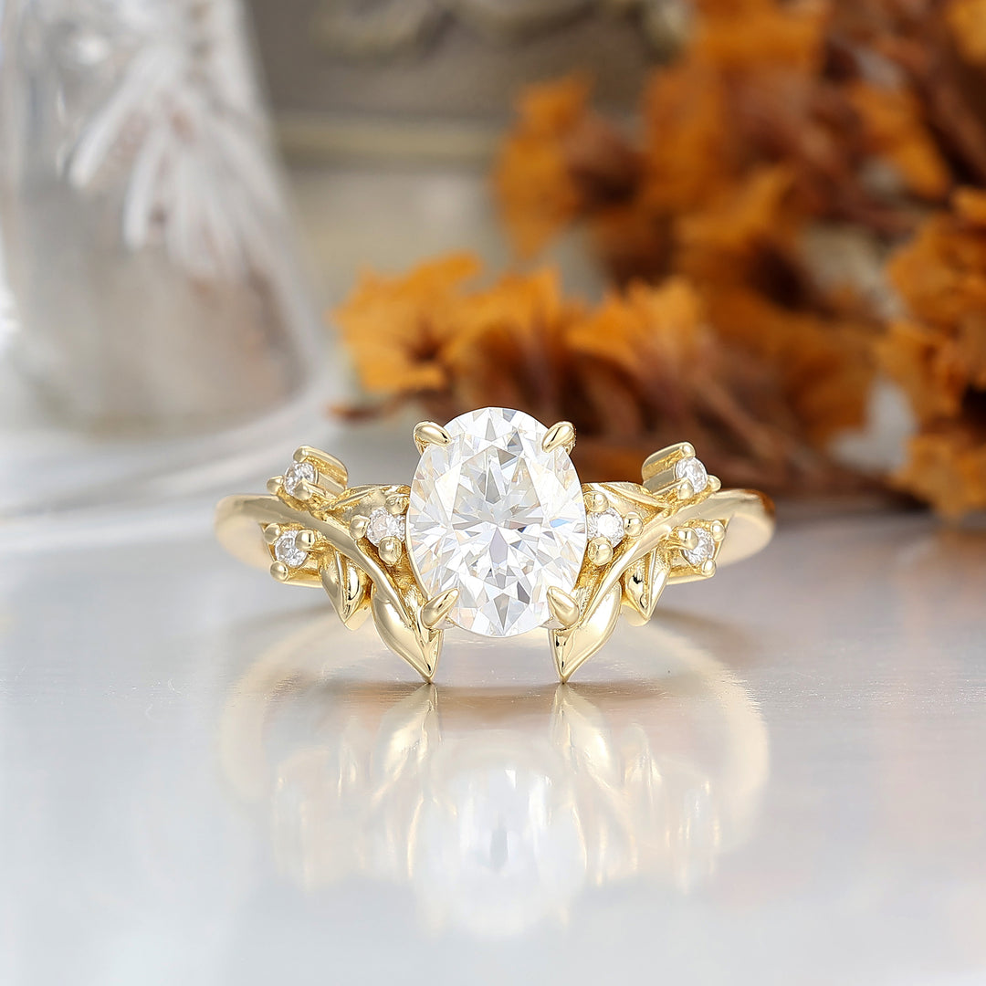 1.50CT Oval Cut Moissanite Natrue Inspired Moissanite Leaf Design Ring