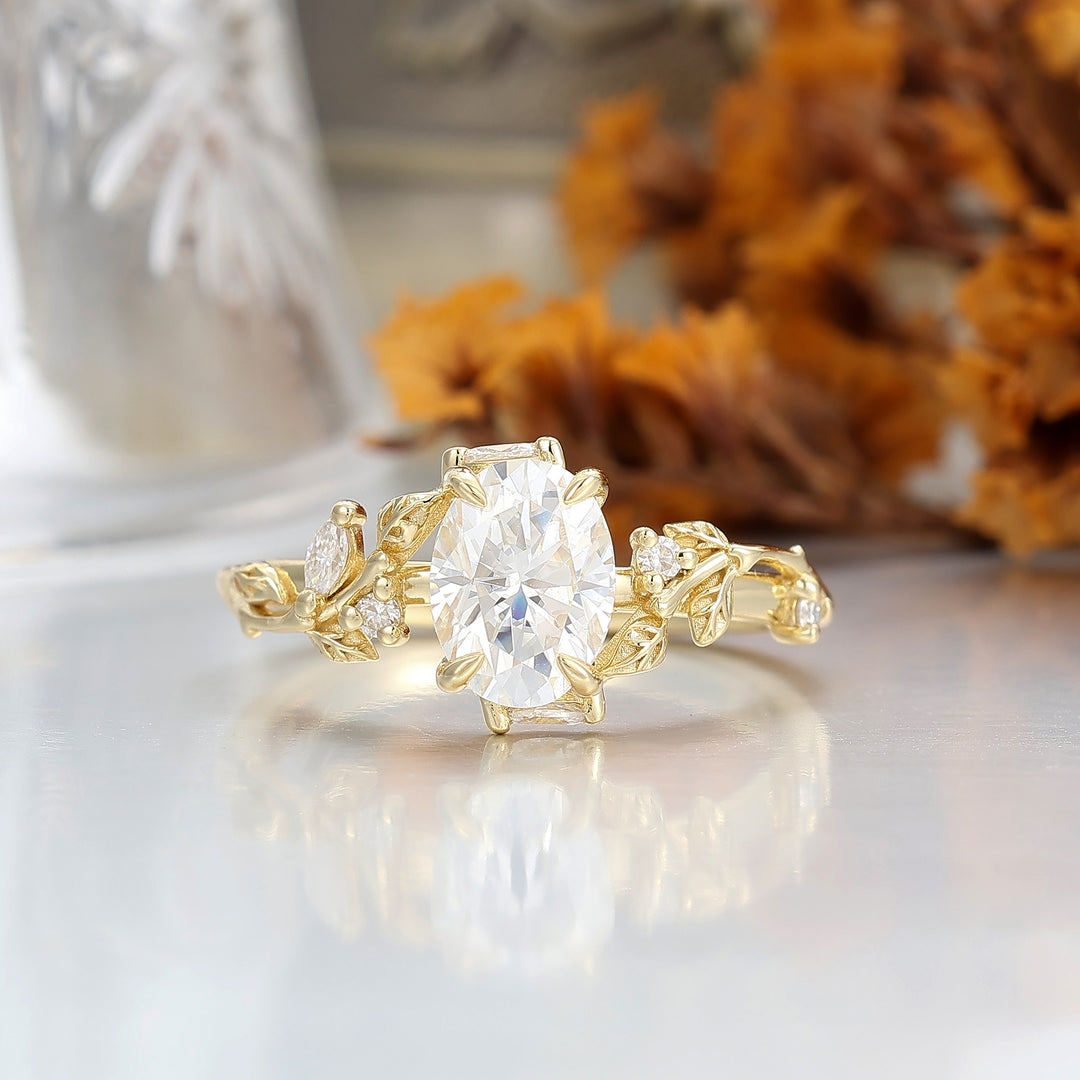Artsy Oval Cut 1.5CT Moissanite Engagement Ring Leaf Style Bridal Anniversary Ring