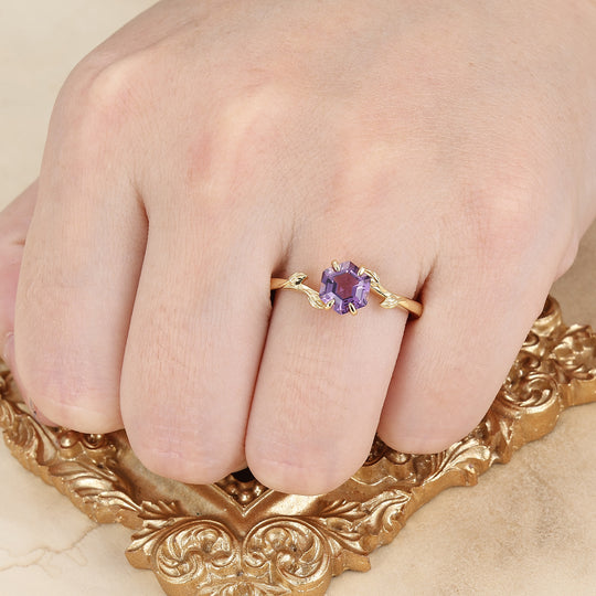 Bague de fiançailles en améthyste naturelle 1,35 CT taille hexagonale en or rose 14 carats avec design de feuille
