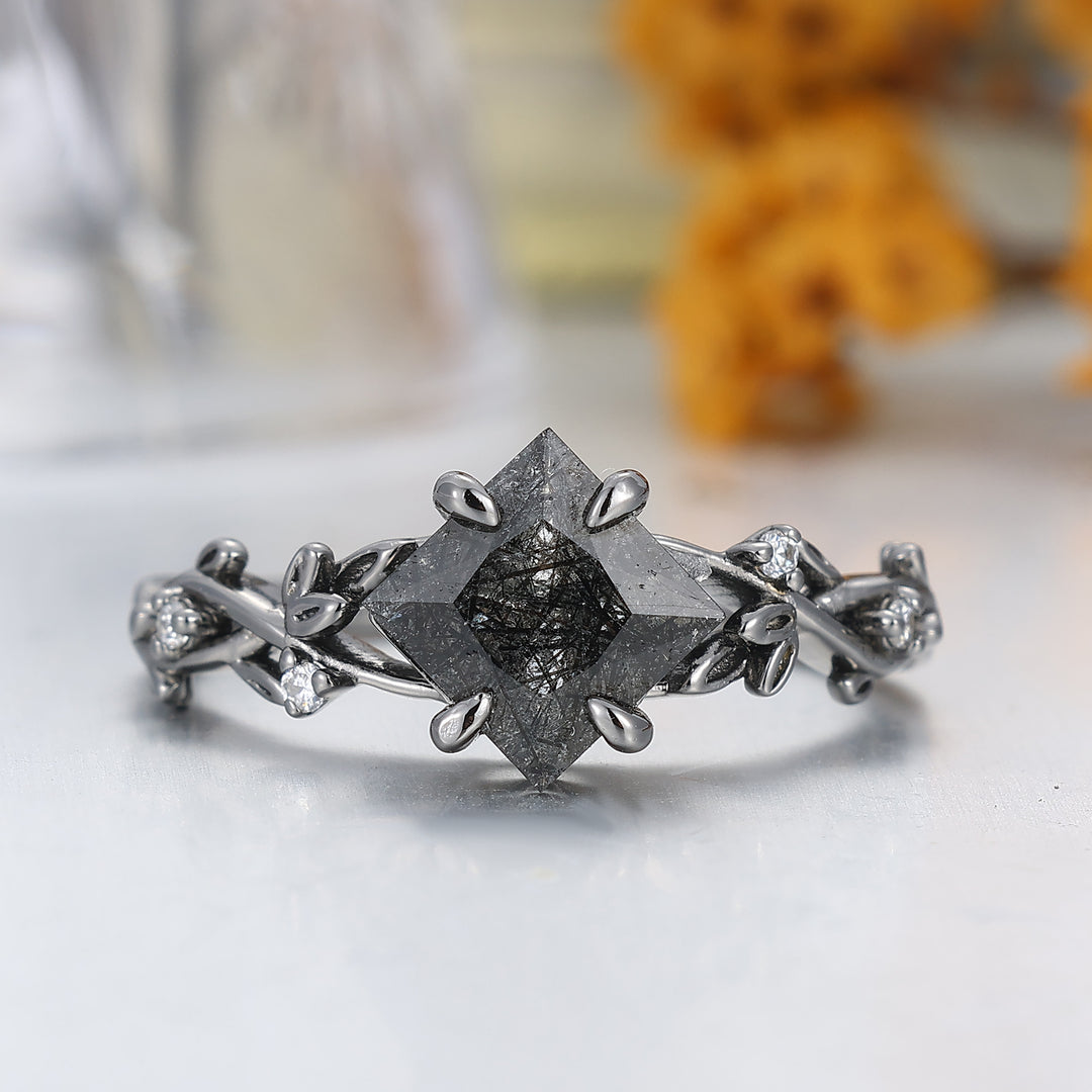 Art Deco Black Rutilated Quartz Twig Engagement Couple Rings Unique S925 And Tungsten Black Plated Marriage Ring -  Esdomera.com