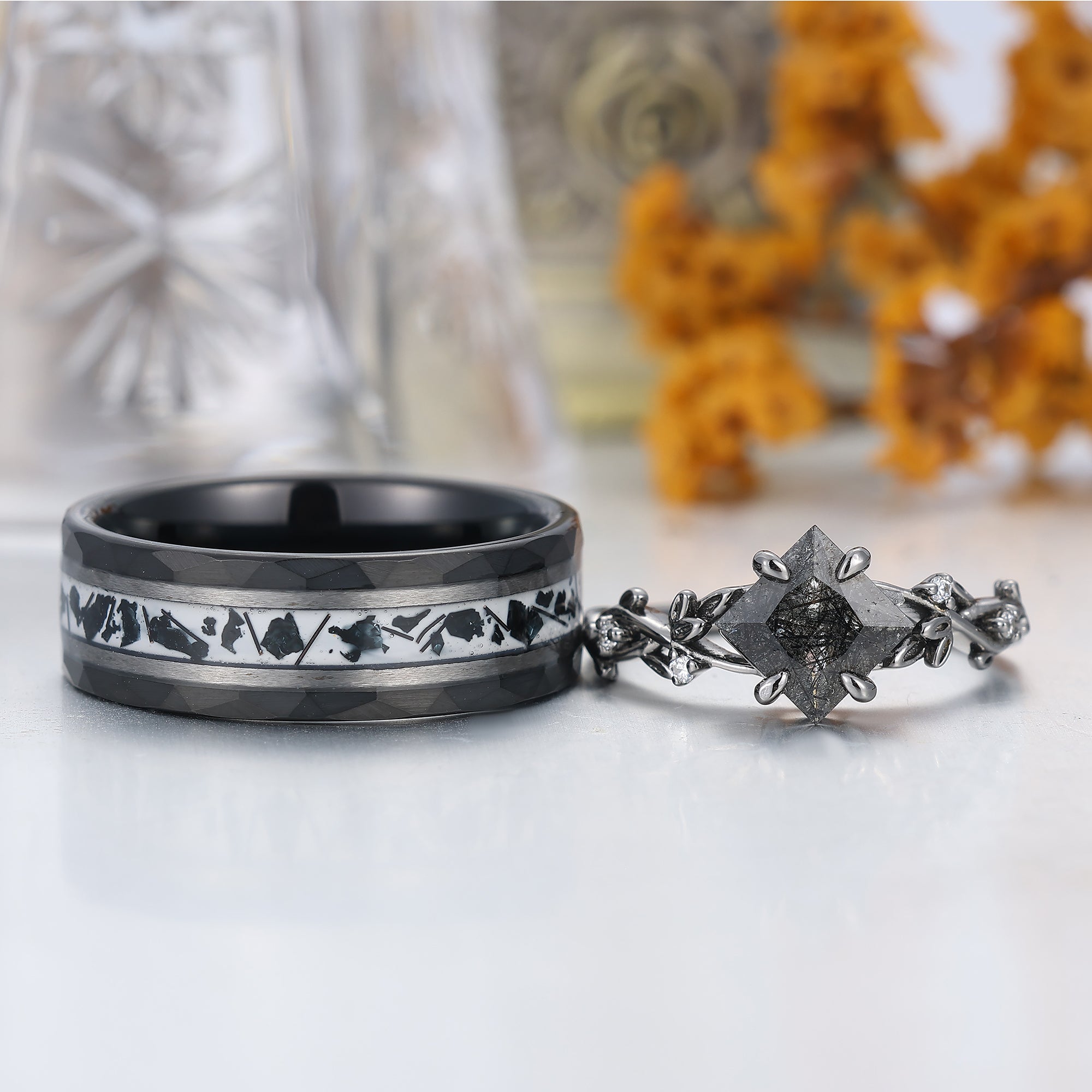 Art Deco Black Rutilated Quartz Twig Engagement Couple Rings