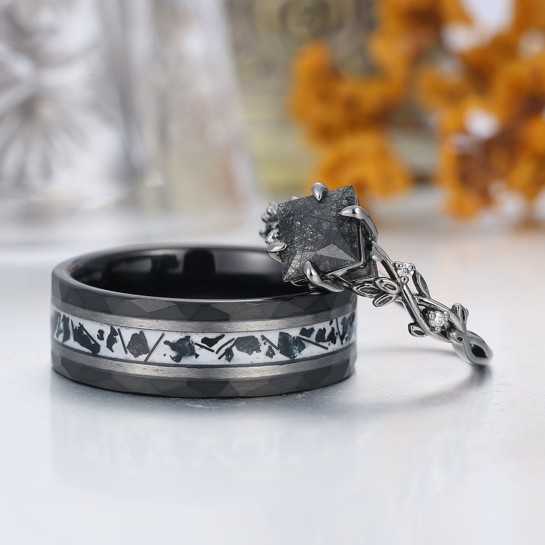 Art Deco Black Rutilated Quartz Twig Engagement Couple Rings Unique S925 And Tungsten Black Plated Marriage Ring -  Esdomera.com