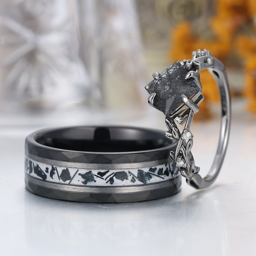 Art Deco Black Rutilated Quartz Twig Engagement Couple Rings Unique S925 And Tungsten Black Plated Marriage Ring -  Esdomera.com