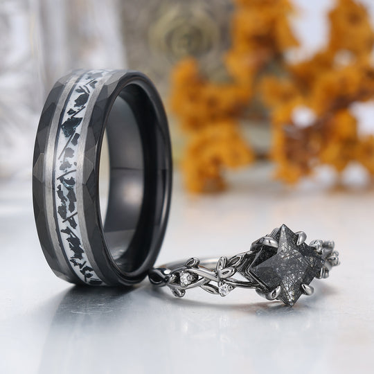 Art Deco Black Rutilated Quartz Twig Engagement Couple Rings Unique S925 And Tungsten Black Plated Marriage Ring -  Esdomera.com