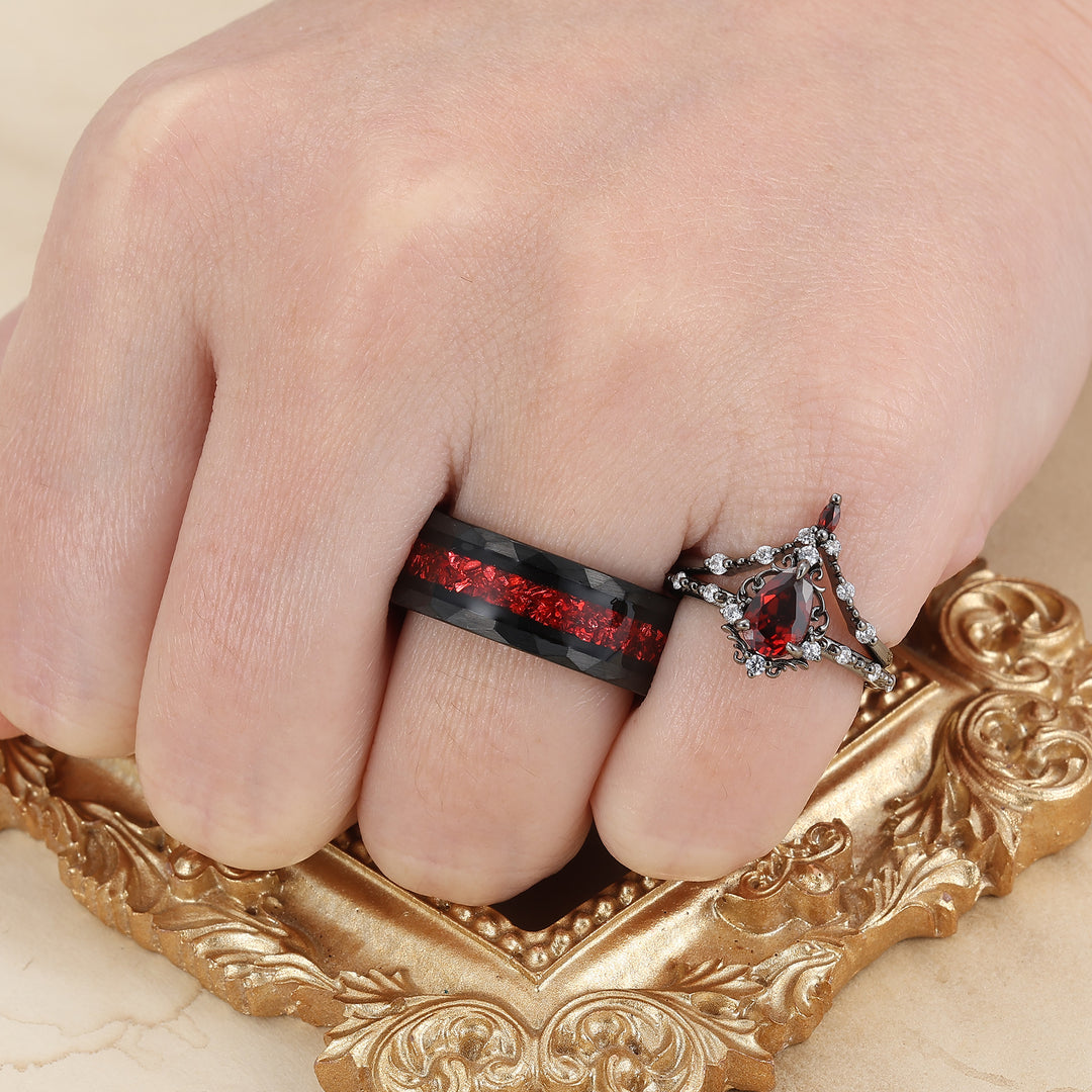 Zierliches, gerolltes, milgrainiertes Paar-Ring-Set mit natürlichem rotem Granat, schwarz plattiert und roten Steinen, passende Ringe