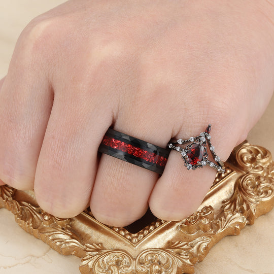 Zierliches, gerolltes, milgrainiertes Paar-Ring-Set mit natürlichem rotem Granat, schwarz plattiert und roten Steinen, passende Ringe