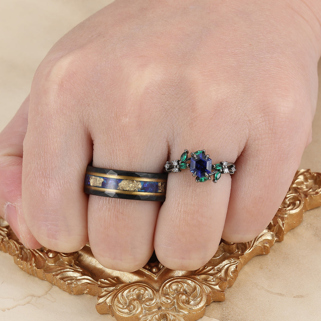Anelli di Fidanzamento Coppia in Argento Sterling 925 con Zaffiro a Forma di Ramo Set Coppia in Tungsteno Blu Coordinati