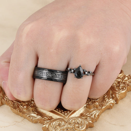 Anelli di Fidanzamento Coppia con Foglie di Quarzo Rutilato Nero Squisito Anelli Promessa Coordinati in Tungsteno