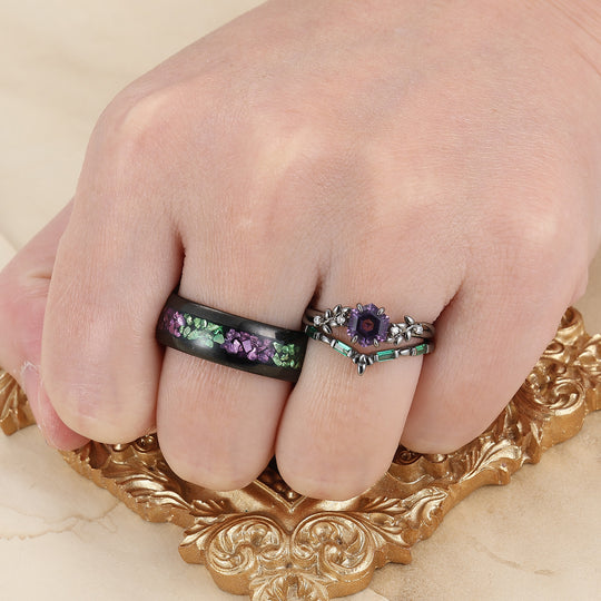 Conjunto de Anillos para Pareja con Amatista Natural Grabada en Hoja, Anillos a Juego Morado y Verde para Él y para Ella