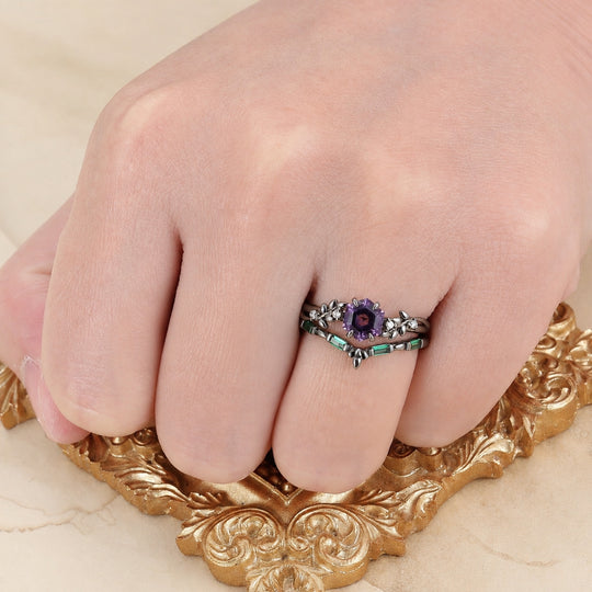 Leaf Style Hexagon Shape Natural Amethyst Engagement Ring Anniversary Wedding Ring