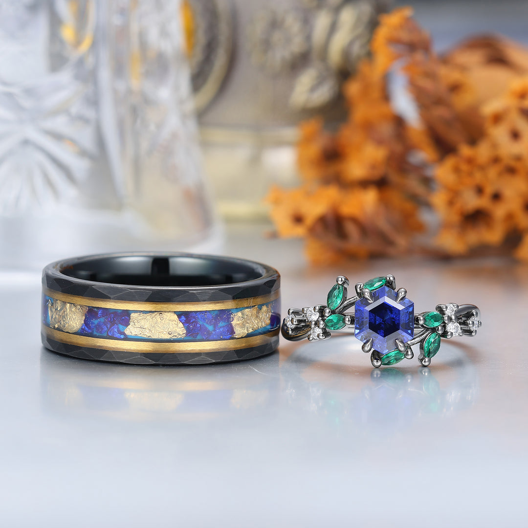 Anelli di Fidanzamento Coppia in Argento Sterling 925 con Zaffiro a Forma di Ramo Set Coppia in Tungsteno Blu Coordinati
