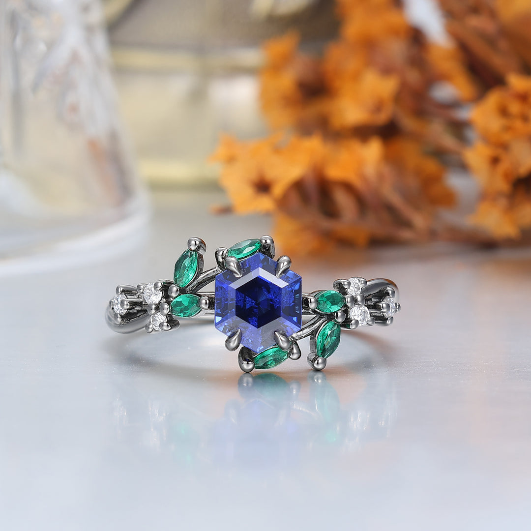 Anelli di Fidanzamento Coppia in Argento Sterling 925 con Zaffiro a Forma di Ramo Set Coppia in Tungsteno Blu Coordinati
