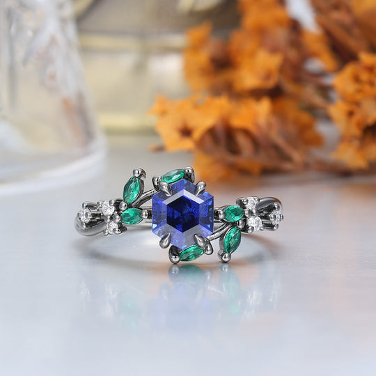 Anelli di Fidanzamento Coppia in Argento Sterling 925 con Zaffiro a Forma di Ramo Set Coppia in Tungsteno Blu Coordinati