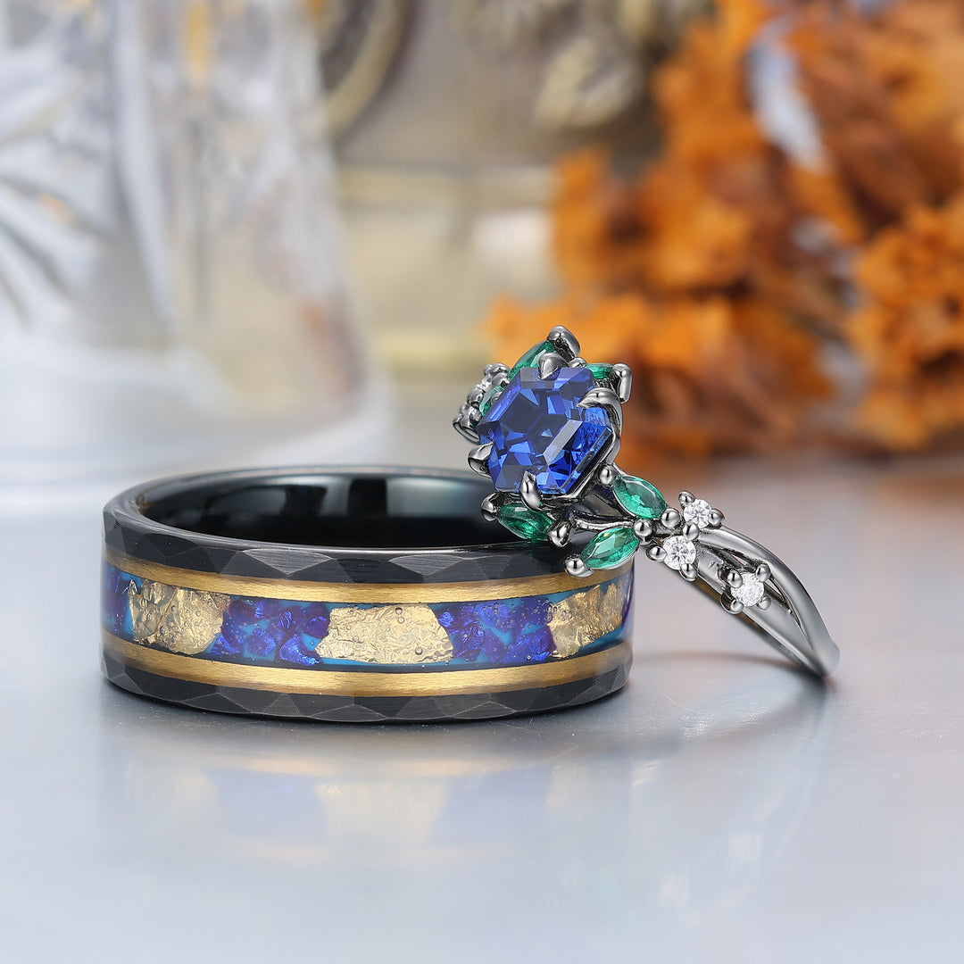Anelli di Fidanzamento Coppia in Argento Sterling 925 con Zaffiro a Forma di Ramo Set Coppia in Tungsteno Blu Coordinati