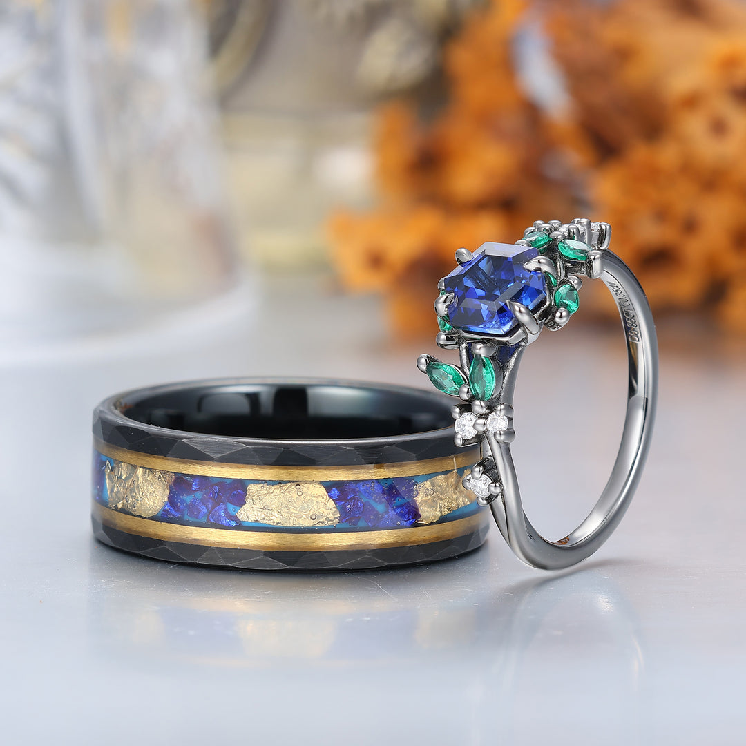 Anelli di Fidanzamento Coppia in Argento Sterling 925 con Zaffiro a Forma di Ramo Set Coppia in Tungsteno Blu Coordinati