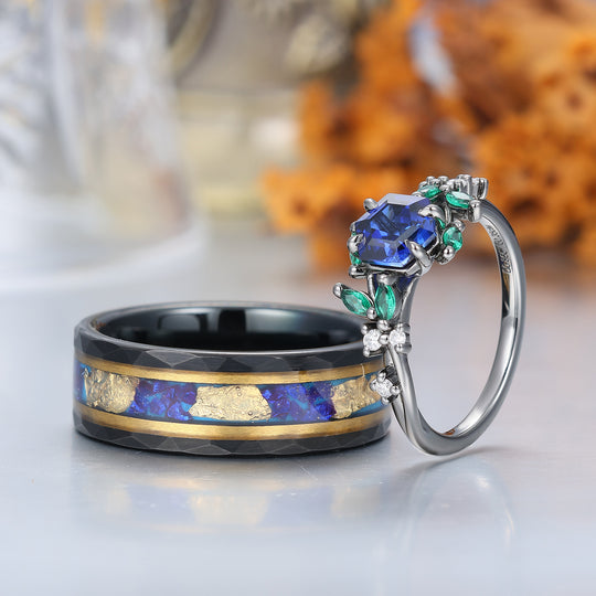 Anelli di Fidanzamento Coppia in Argento Sterling 925 con Zaffiro a Forma di Ramo Set Coppia in Tungsteno Blu Coordinati