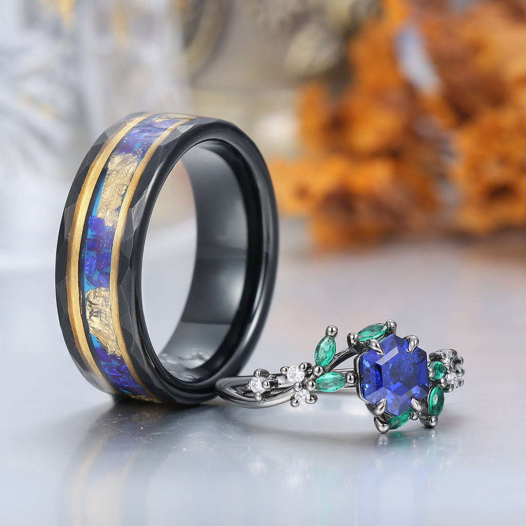 Anelli di Fidanzamento Coppia in Argento Sterling 925 con Zaffiro a Forma di Ramo Set Coppia in Tungsteno Blu Coordinati