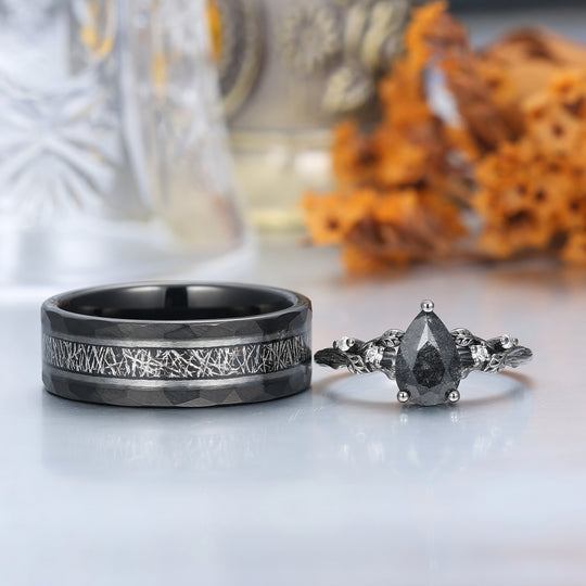 Anelli di Fidanzamento Coppia con Foglie di Quarzo Rutilato Nero Squisito Anelli Promessa Coordinati in Tungsteno