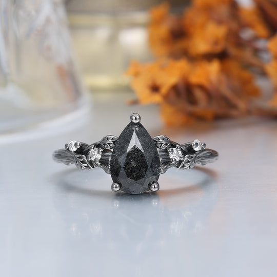 Anelli di Fidanzamento Coppia con Foglie di Quarzo Rutilato Nero Squisito Anelli Promessa Coordinati in Tungsteno