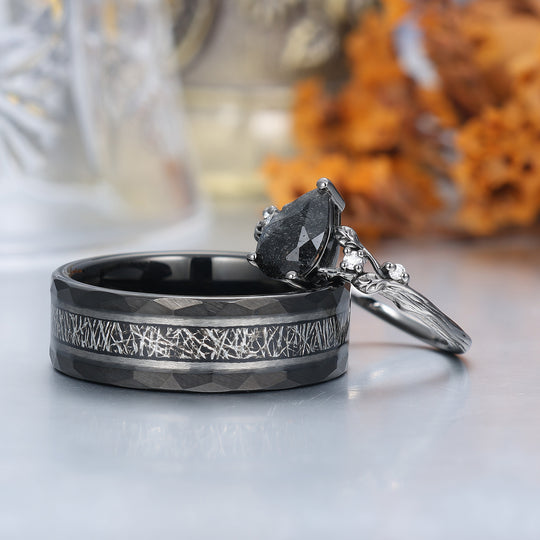 Anelli di Fidanzamento Coppia con Foglie di Quarzo Rutilato Nero Squisito Anelli Promessa Coordinati in Tungsteno