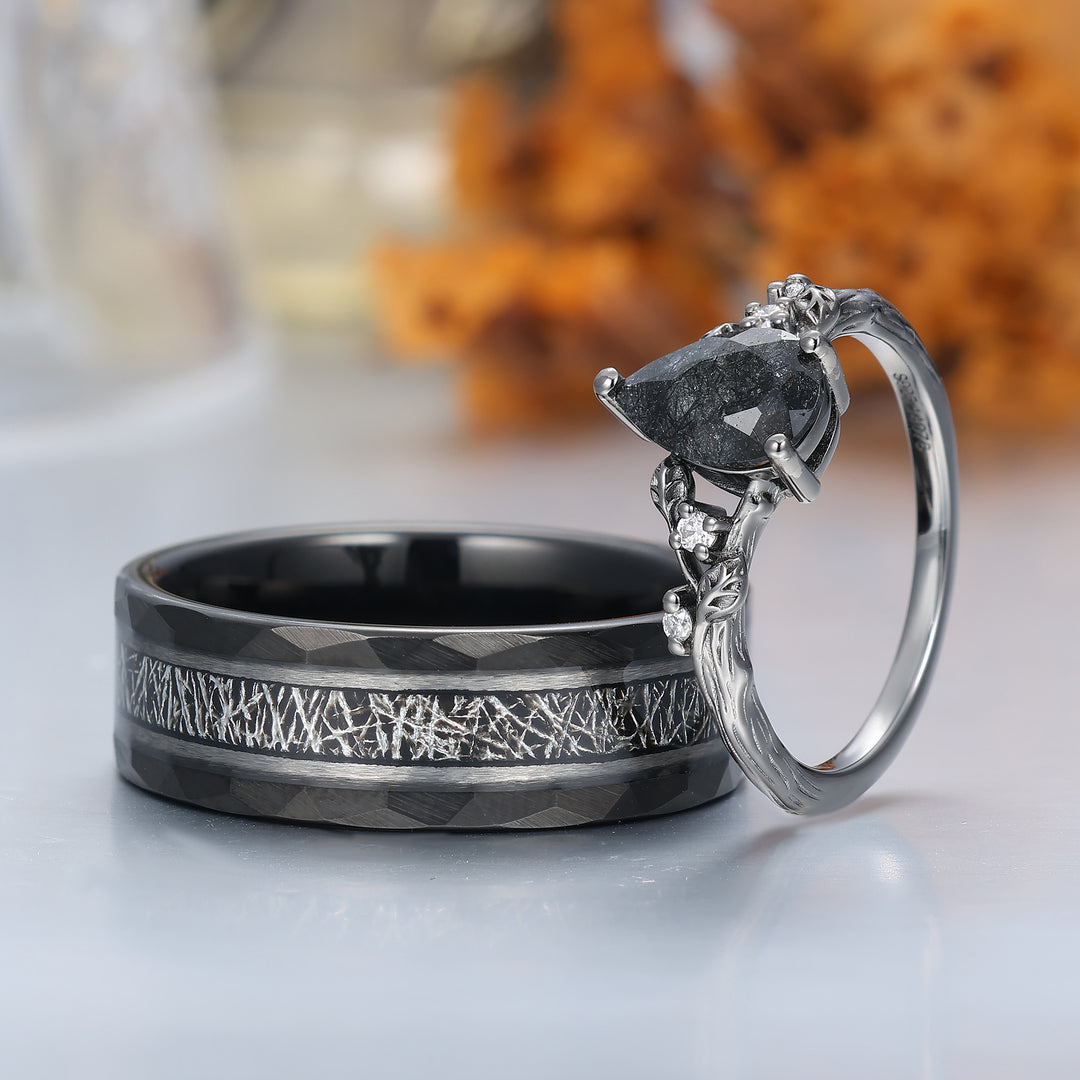 Anelli di Fidanzamento Coppia con Foglie di Quarzo Rutilato Nero Squisito Anelli Promessa Coordinati in Tungsteno