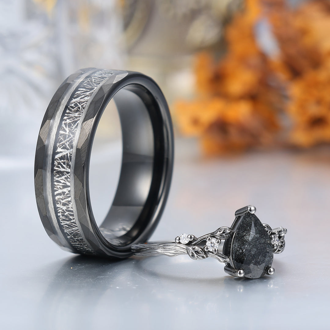 Anelli di Fidanzamento Coppia con Foglie di Quarzo Rutilato Nero Squisito Anelli Promessa Coordinati in Tungsteno