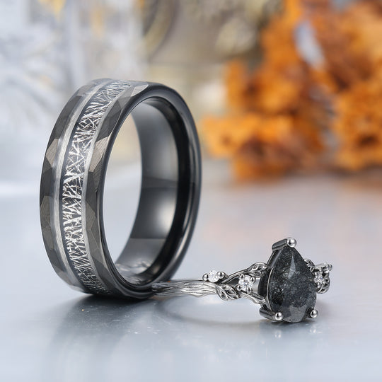Anelli di Fidanzamento Coppia con Foglie di Quarzo Rutilato Nero Squisito Anelli Promessa Coordinati in Tungsteno