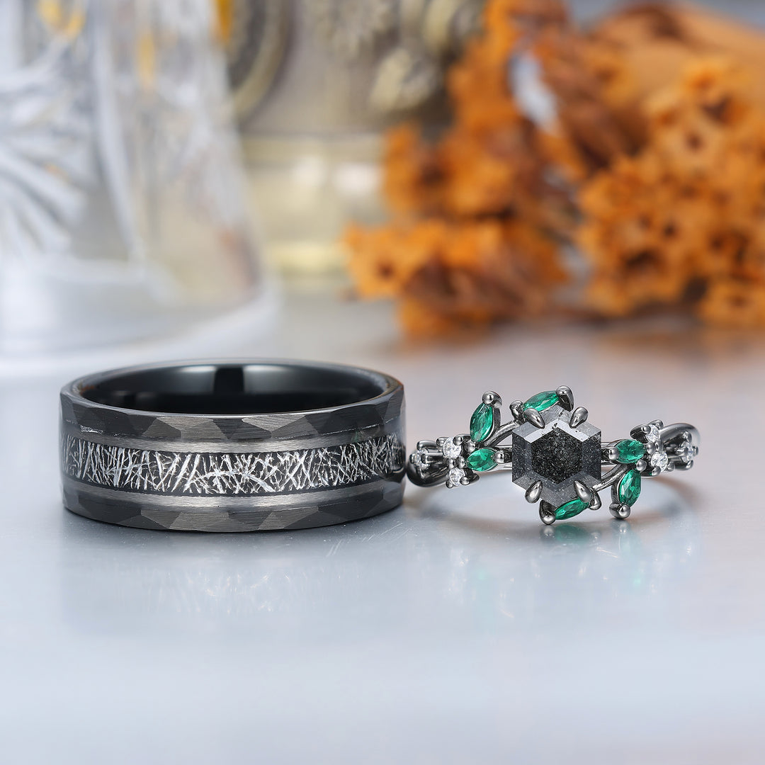 Anelli di fidanzamento delicati in quarzo rutilato nero naturale Set personalizzato per coppie