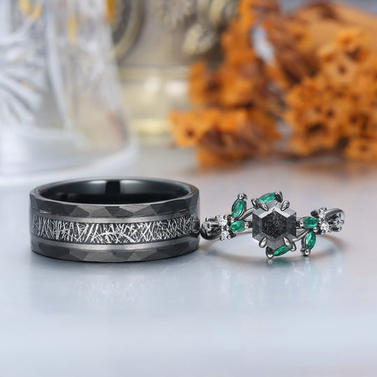 Anelli di fidanzamento delicati in quarzo rutilato nero naturale Set personalizzato per coppie