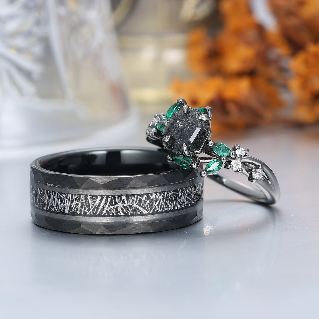 Anelli di fidanzamento delicati in quarzo rutilato nero naturale Set personalizzato per coppie