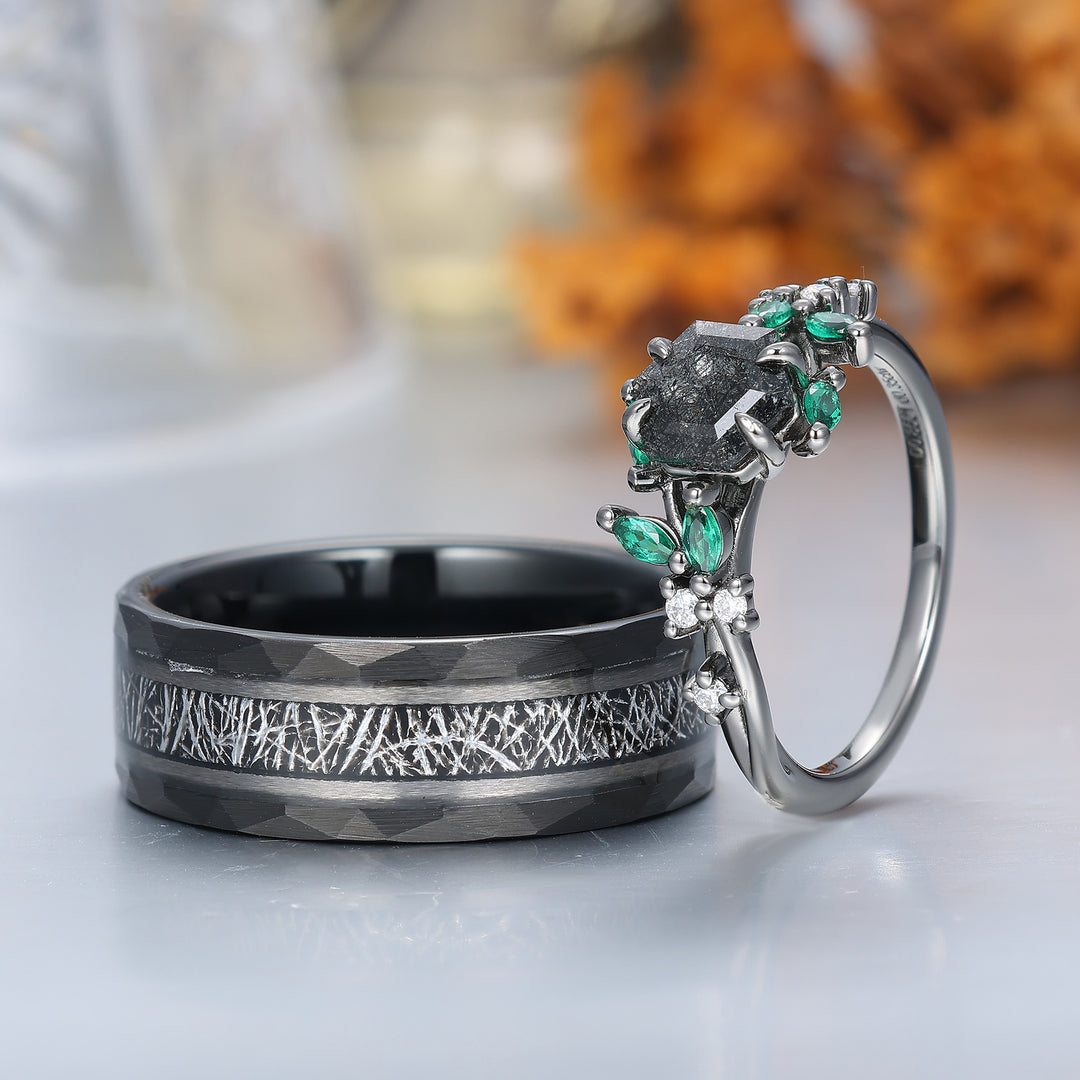 Anelli di fidanzamento delicati in quarzo rutilato nero naturale Set personalizzato per coppie