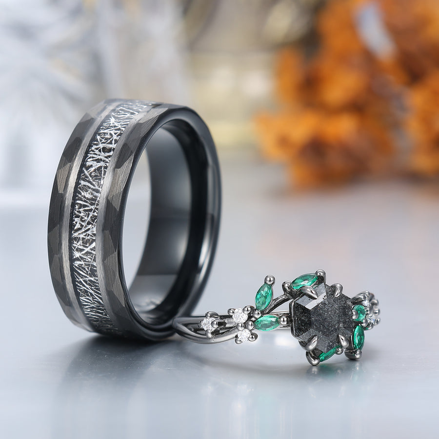 Anelli di fidanzamento delicati in quarzo rutilato nero naturale Set personalizzato per coppie