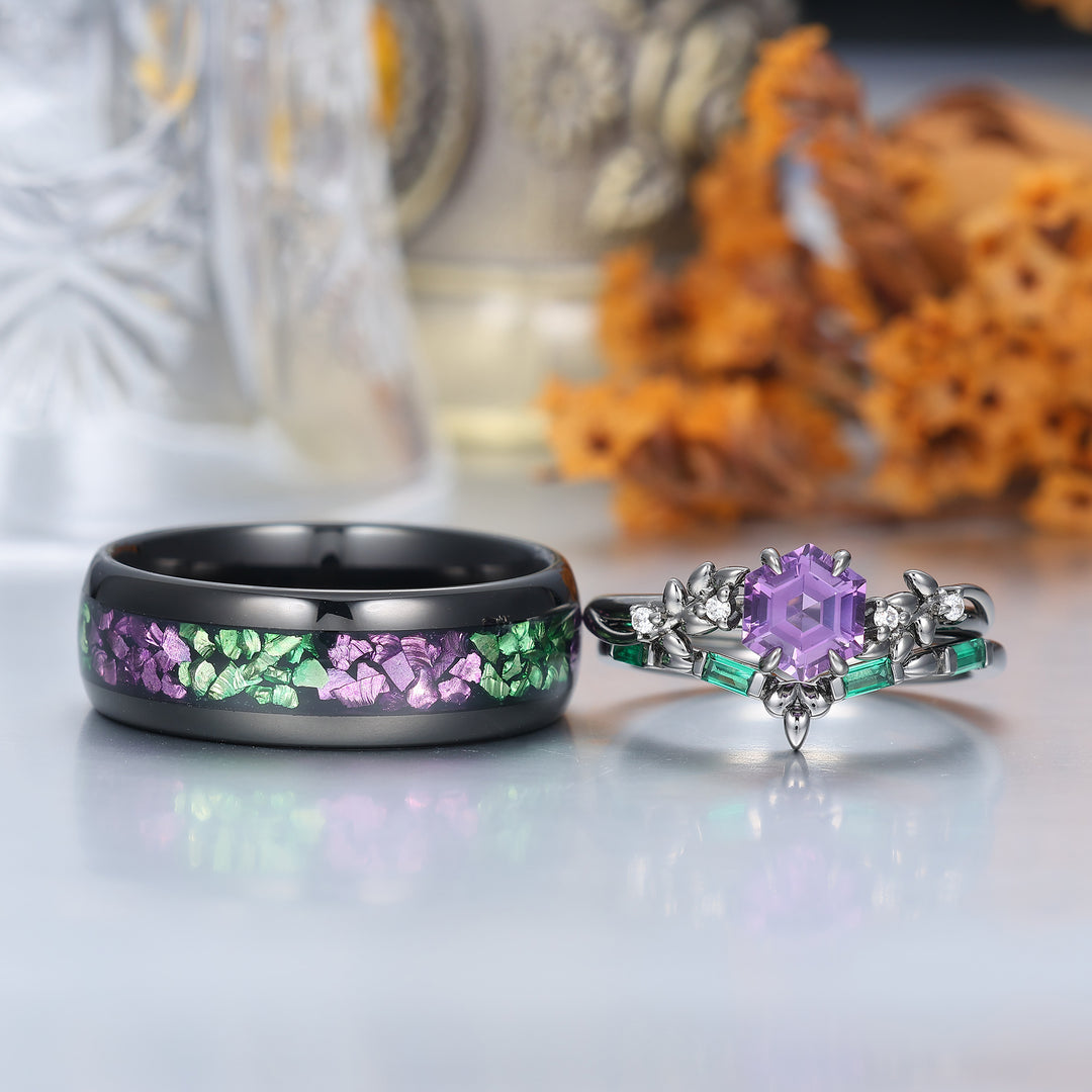 Conjunto de Anillos para Pareja con Amatista Natural Grabada en Hoja, Anillos a Juego Morado y Verde para Él y para Ella