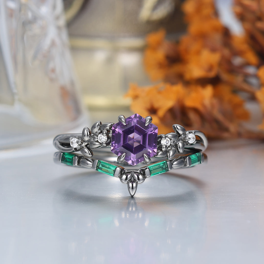 Conjunto de Anillos para Pareja con Amatista Natural Grabada en Hoja, Anillos a Juego Morado y Verde para Él y para Ella