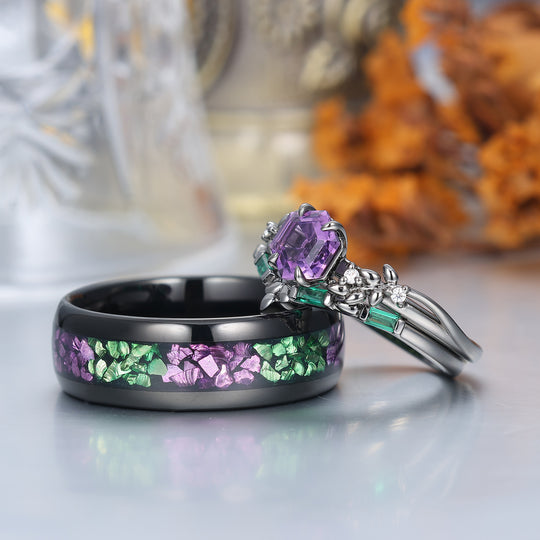 Conjunto de Anillos para Pareja con Amatista Natural Grabada en Hoja, Anillos a Juego Morado y Verde para Él y para Ella