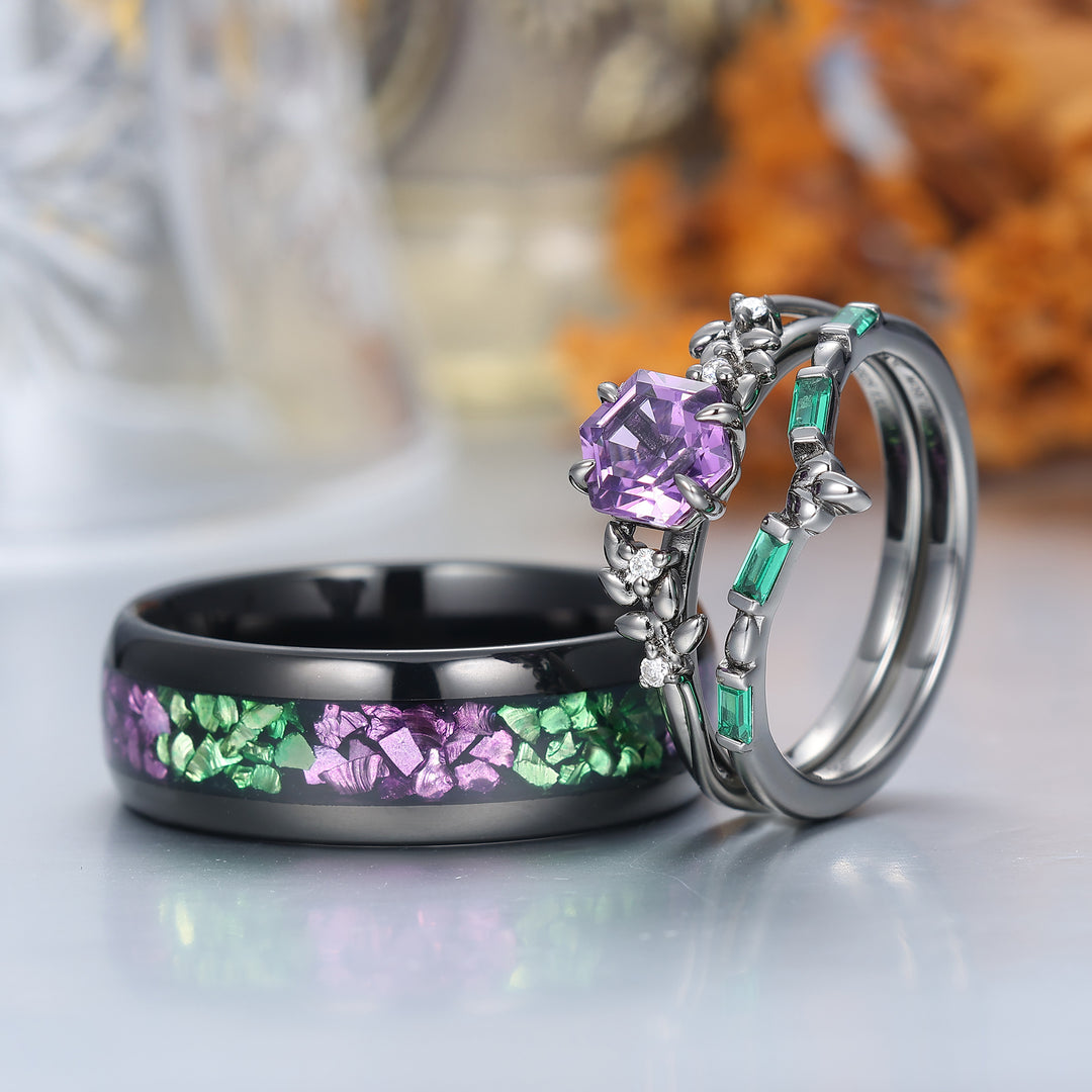 Conjunto de Anillos para Pareja con Amatista Natural Grabada en Hoja, Anillos a Juego Morado y Verde para Él y para Ella