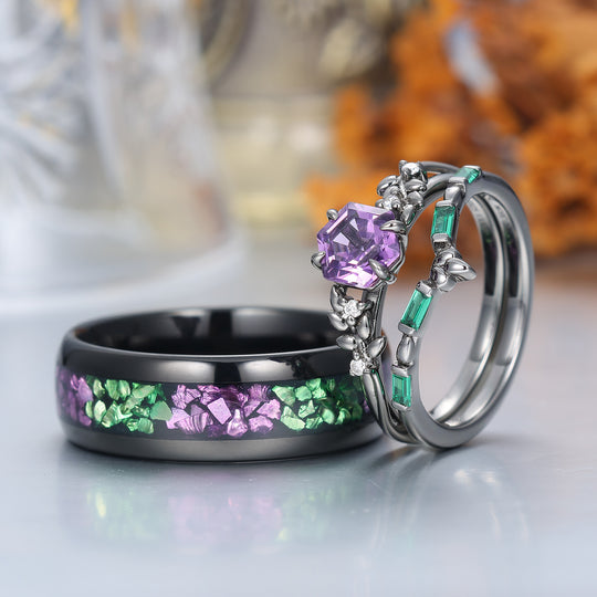 Conjunto de Anillos para Pareja con Amatista Natural Grabada en Hoja, Anillos a Juego Morado y Verde para Él y para Ella