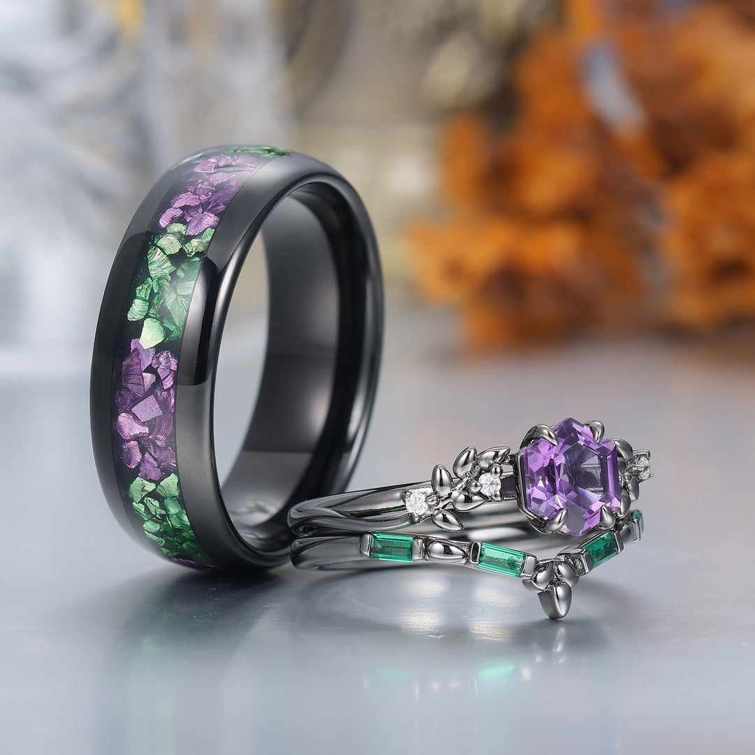 Conjunto de Anillos para Pareja con Amatista Natural Grabada en Hoja, Anillos a Juego Morado y Verde para Él y para Ella