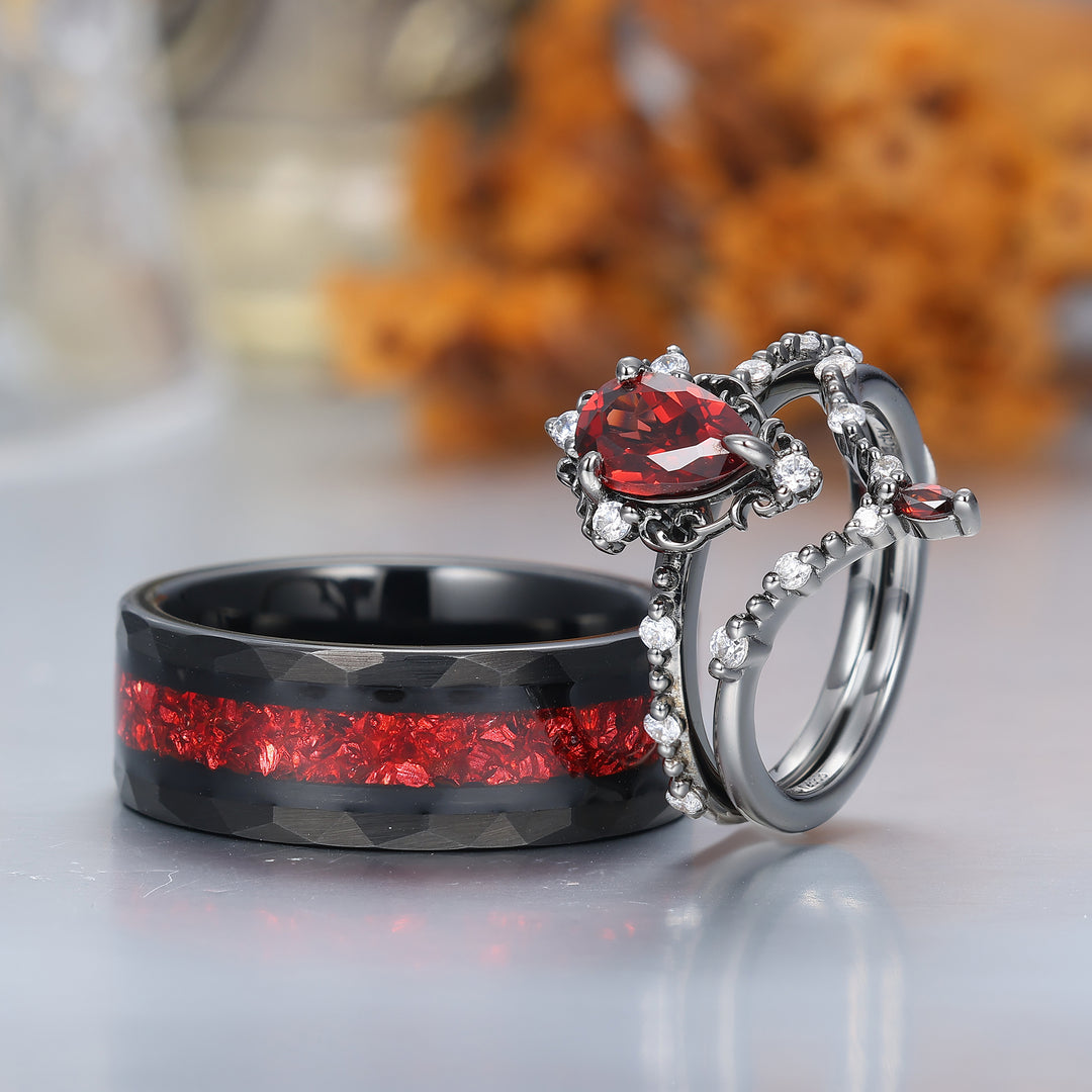 Zierliches, gerolltes, milgrainiertes Paar-Ring-Set mit natürlichem rotem Granat, schwarz plattiert und roten Steinen, passende Ringe