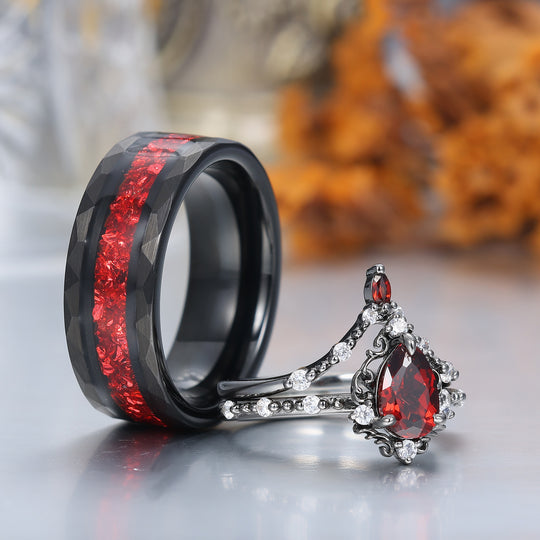 Zierliches, gerolltes, milgrainiertes Paar-Ring-Set mit natürlichem rotem Granat, schwarz plattiert und roten Steinen, passende Ringe