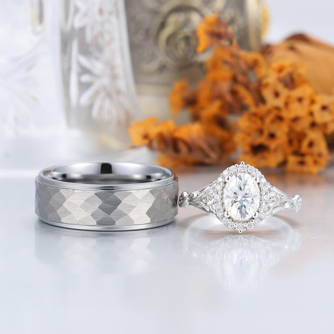 Blatt‑Blumen‑Design, oval geformte Moissanite-Partner-Ringe S925 und gehämmertes Wolfram-Ring-Set