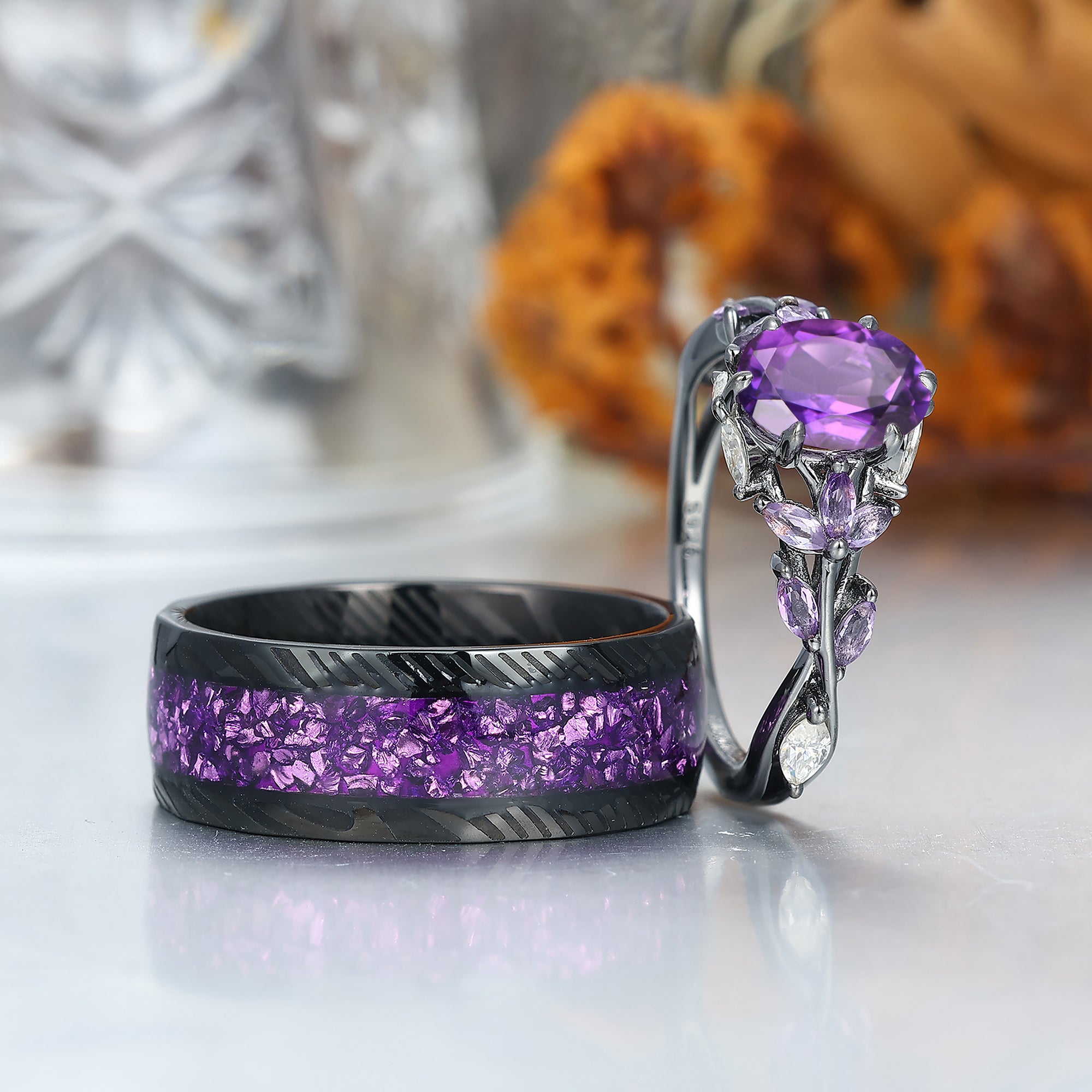 Art Deco Purple Amethyst Engagement Promise Couple Rings His and