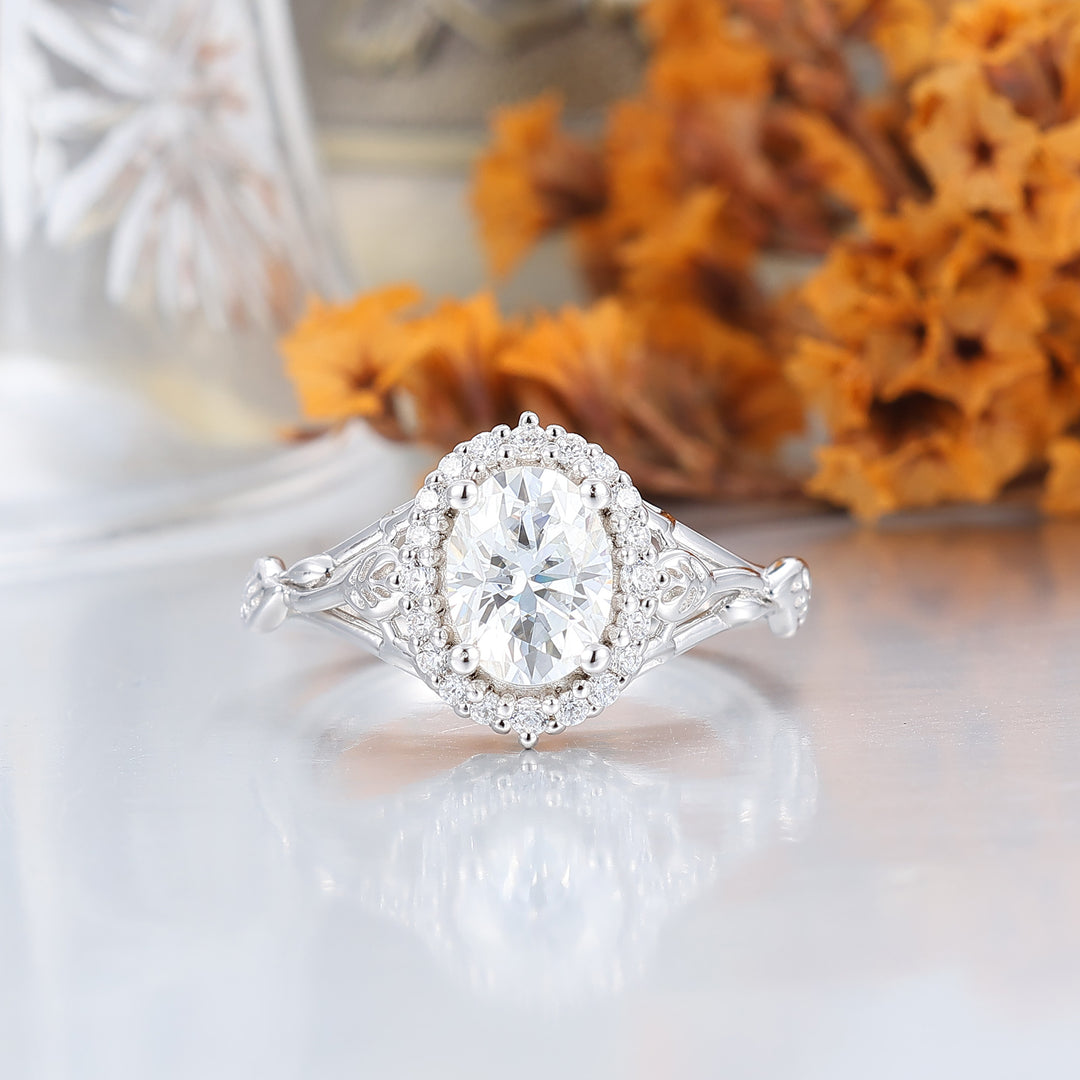 Blatt‑Blumen‑Design, oval geformte Moissanite-Partner-Ringe S925 und gehämmertes Wolfram-Ring-Set