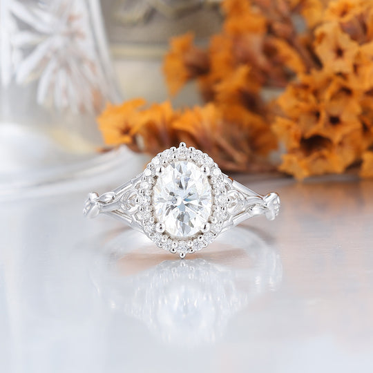Blatt‑Blumen‑Design, oval geformte Moissanite-Partner-Ringe S925 und gehämmertes Wolfram-Ring-Set