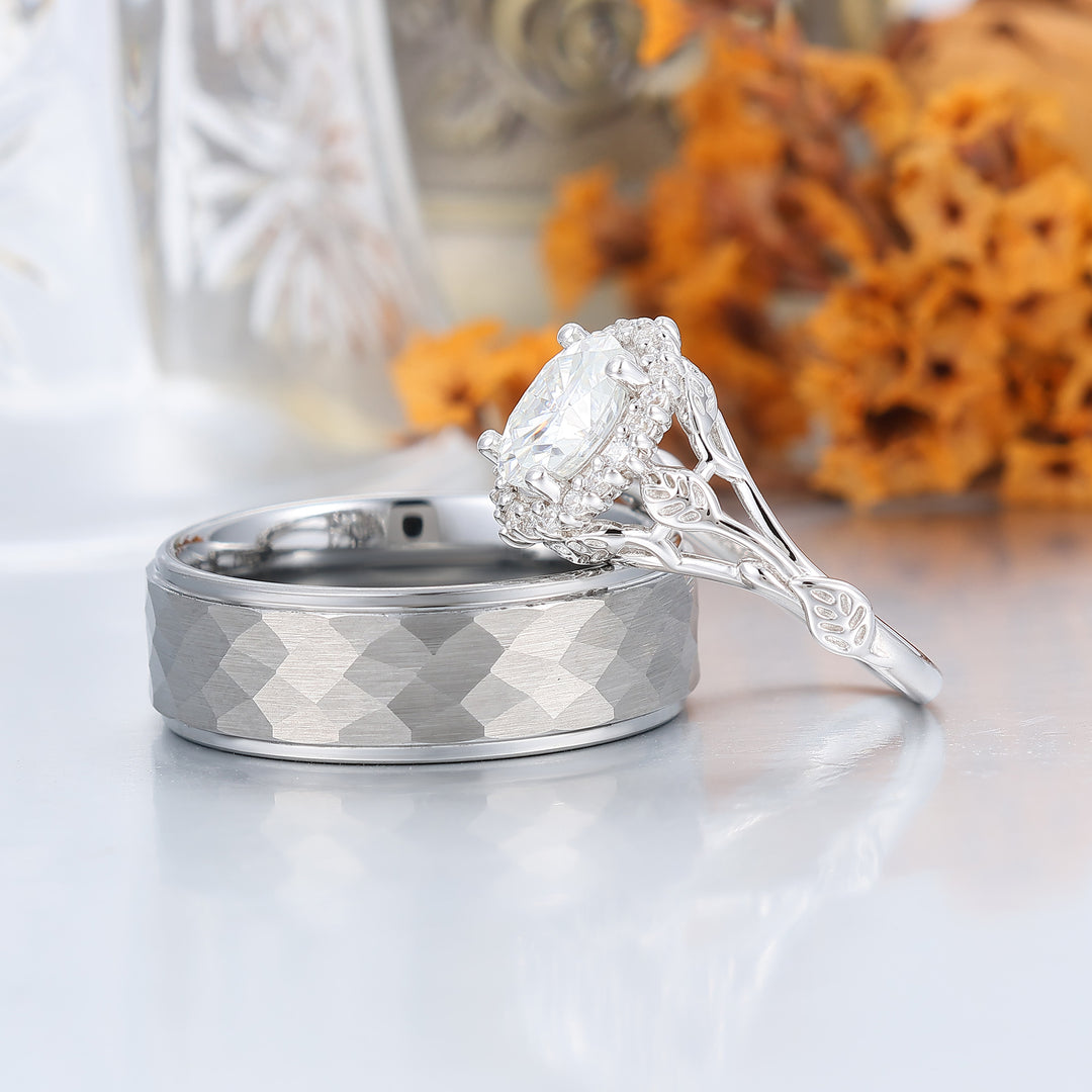 Blatt‑Blumen‑Design, oval geformte Moissanite-Partner-Ringe S925 und gehämmertes Wolfram-Ring-Set