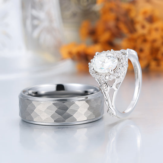 Blatt‑Blumen‑Design, oval geformte Moissanite-Partner-Ringe S925 und gehämmertes Wolfram-Ring-Set