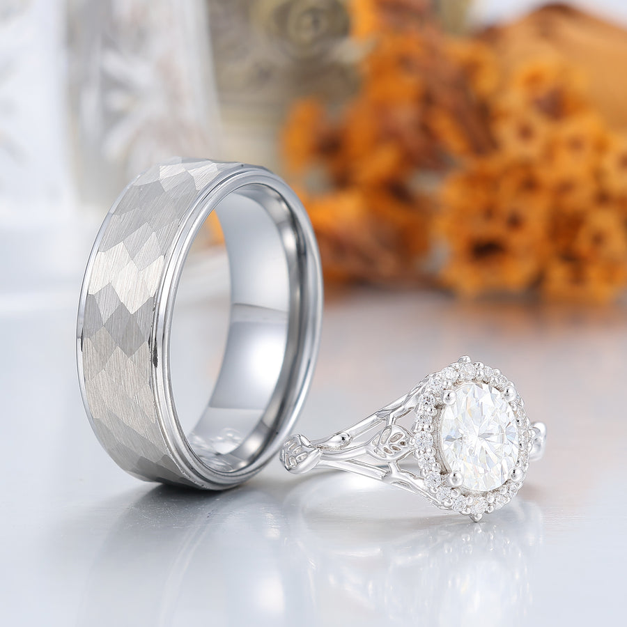 Blatt‑Blumen‑Design, oval geformte Moissanite-Partner-Ringe S925 und gehämmertes Wolfram-Ring-Set