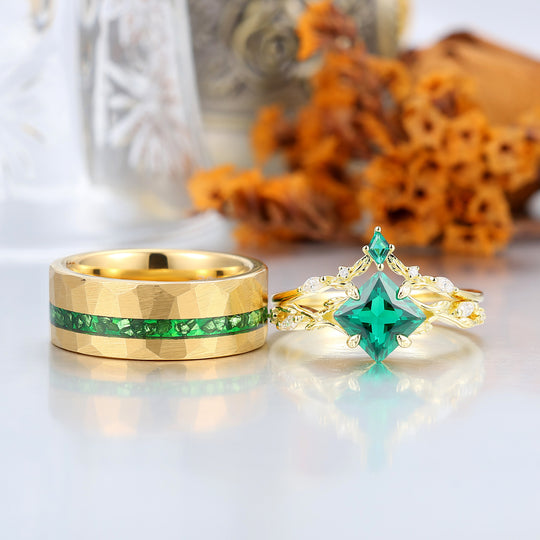 Antiguo anillo de compromiso con esmeralda corte princesa, delgadas hojas, anillos de boda para él y para ella, juego de anillos para parejas